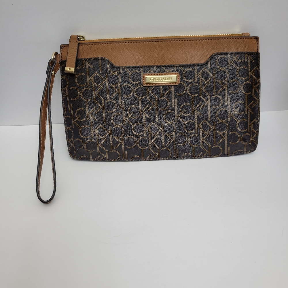 CK Calvin Klein Logo Wristlet w/Strap Zipper Closure - Brown